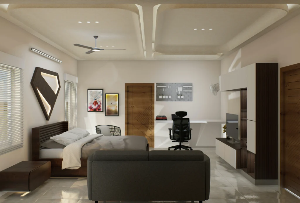 Spacious urban bedroom with integrated desk and diamond-shaped wall light