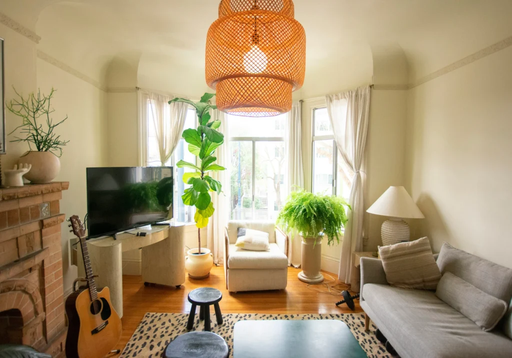 Boho style living room with rattan light fixture and plants