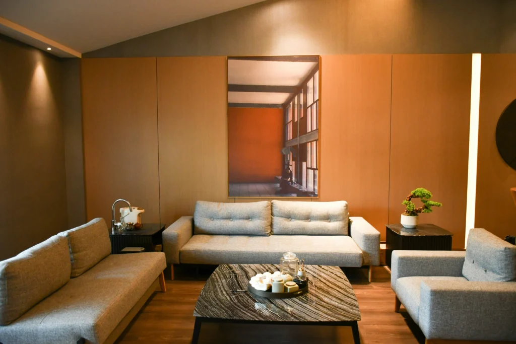 Tranquil living room with wood paneling and neutral tones