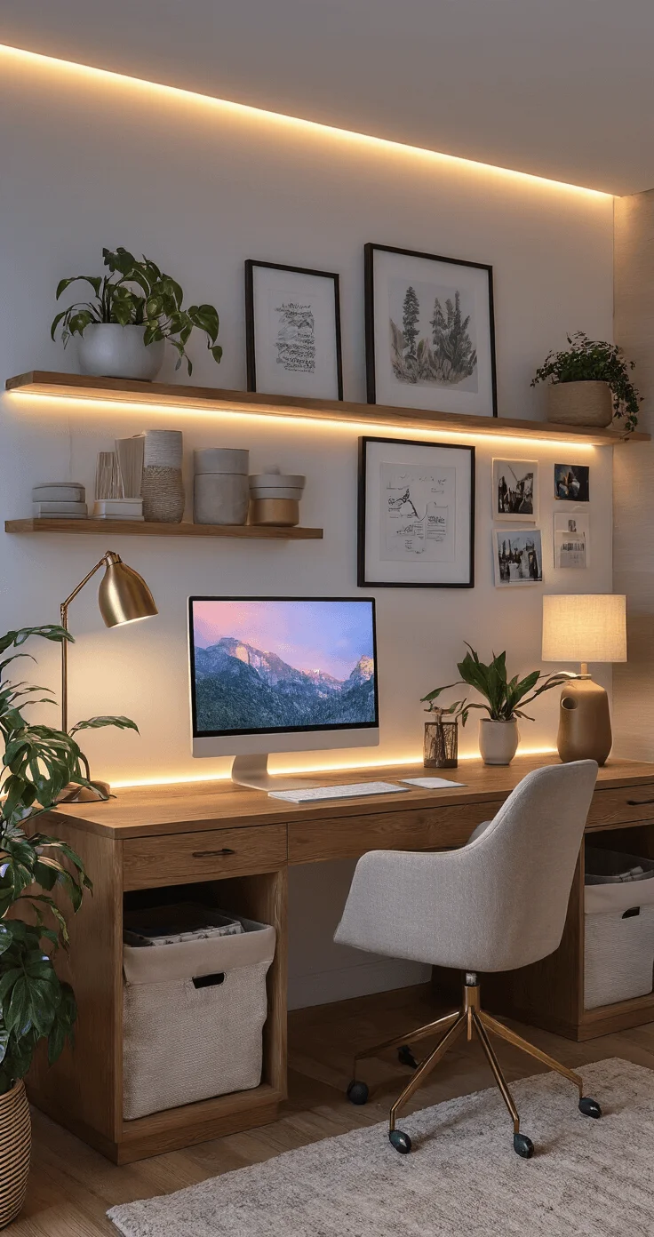 Layered Lighting in Cozy Home Office A cozy home office during evening blue hour featuring warm lighting from a brass desk lamp and a linen-shaded floor lamp, with subtle LED strip lighting behind a floating monitor. The rich wood surfaces are complemented by earth-toned textile storage, framed artwork, personal photos, and inspiration boards on the walls. Low-light plants in ceramic planters add a touch of greenery, creating an intimate and inviting workspace.