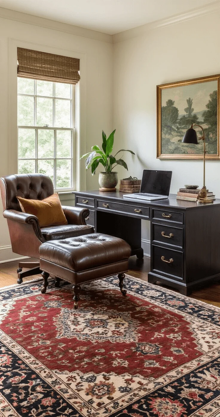 Warm and Inviting Home Office Spacious home office featuring an L-shaped dark walnut desk and a vintage leather reading chair with ottoman, bathed in natural north-facing light. Walls are cream with rust and forest green accents, while a burgundy and navy Persian-style rug anchors the seating area adorned with velvet throw pillows and ceramic planters. Brass and black metal fixtures provide warm task lighting in a cozy, inviting atmosphere.