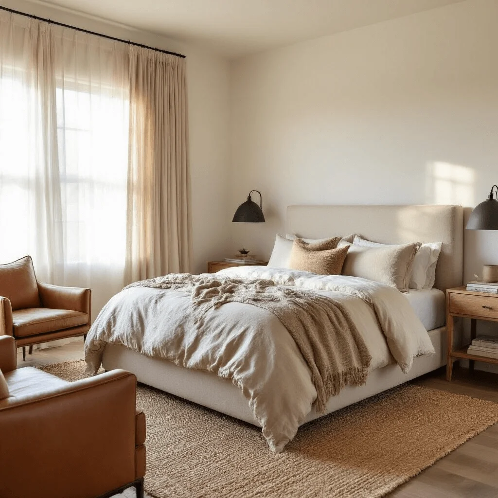 Elegant Black Accents in Minimalist Design Minimalist bedroom with warm white walls, taupe bedding, beige headboard, leather chair, white oak nightstand, and charcoal lamp in golden light.