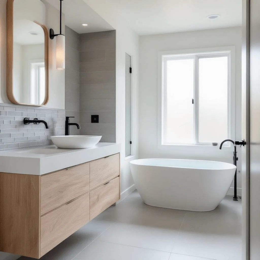 Serene Minimalist Bathroom Design Spa-like bathroom with cool tones, white walls, floating white oak vanity, vessel sink, freestanding tub, frosted glass windows, and matte black fixtures.