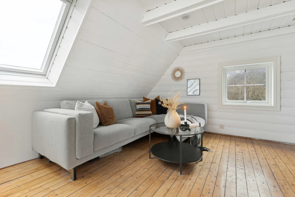 Cozy attic living room with sloped ceiling and skylight