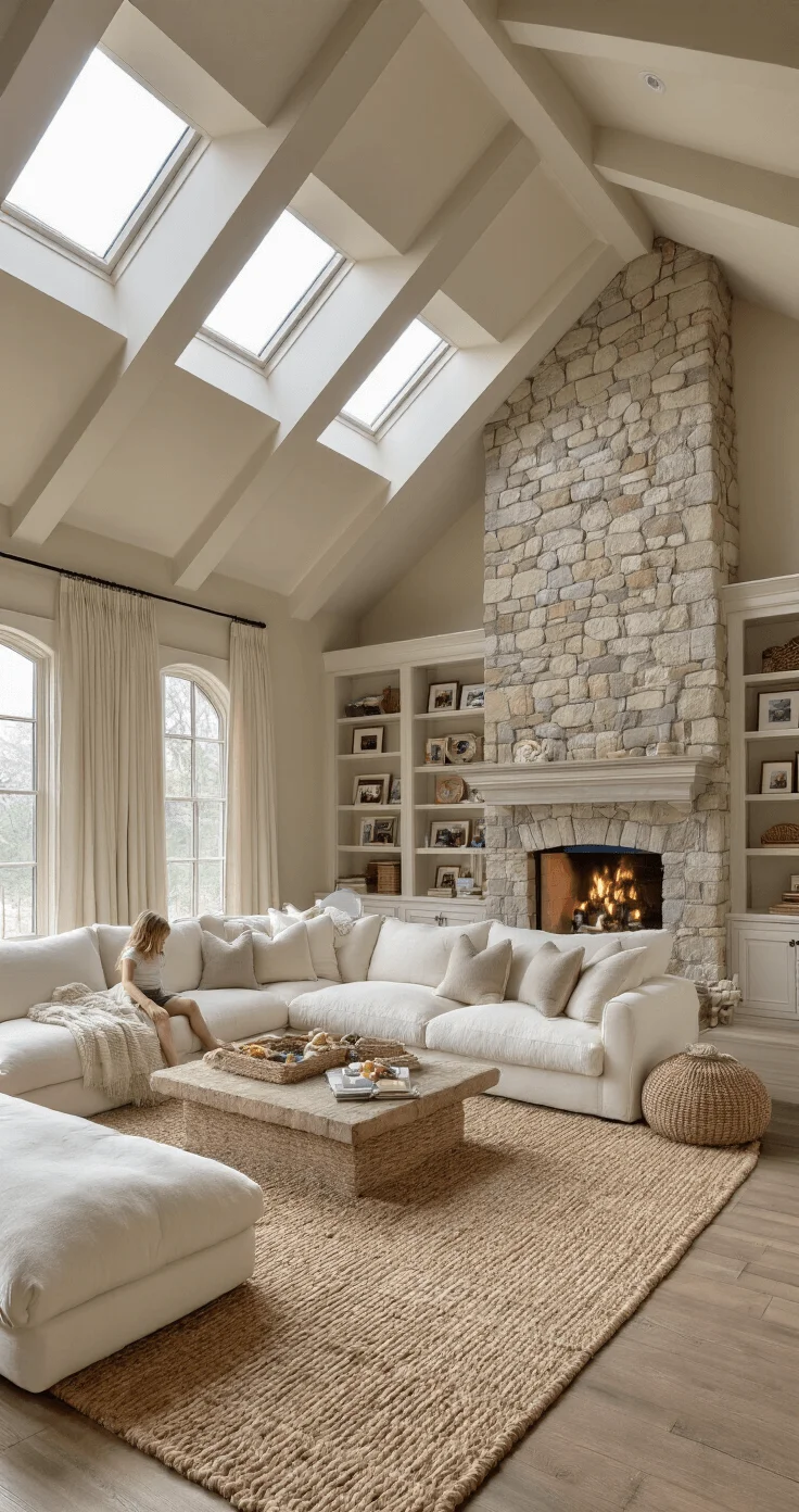 Discovering Your Ideal Snug Sofa: The Comprehensive Roadmap to Luxurious Lounging Luxurious family room with cathedral ceilings and a stone fireplace, featuring a large ivory microfiber sectional, children's toys, soft throws in neutral tones, a braided jute rug, and built-in bookcases, all bathed in soft morning light from skylights above.