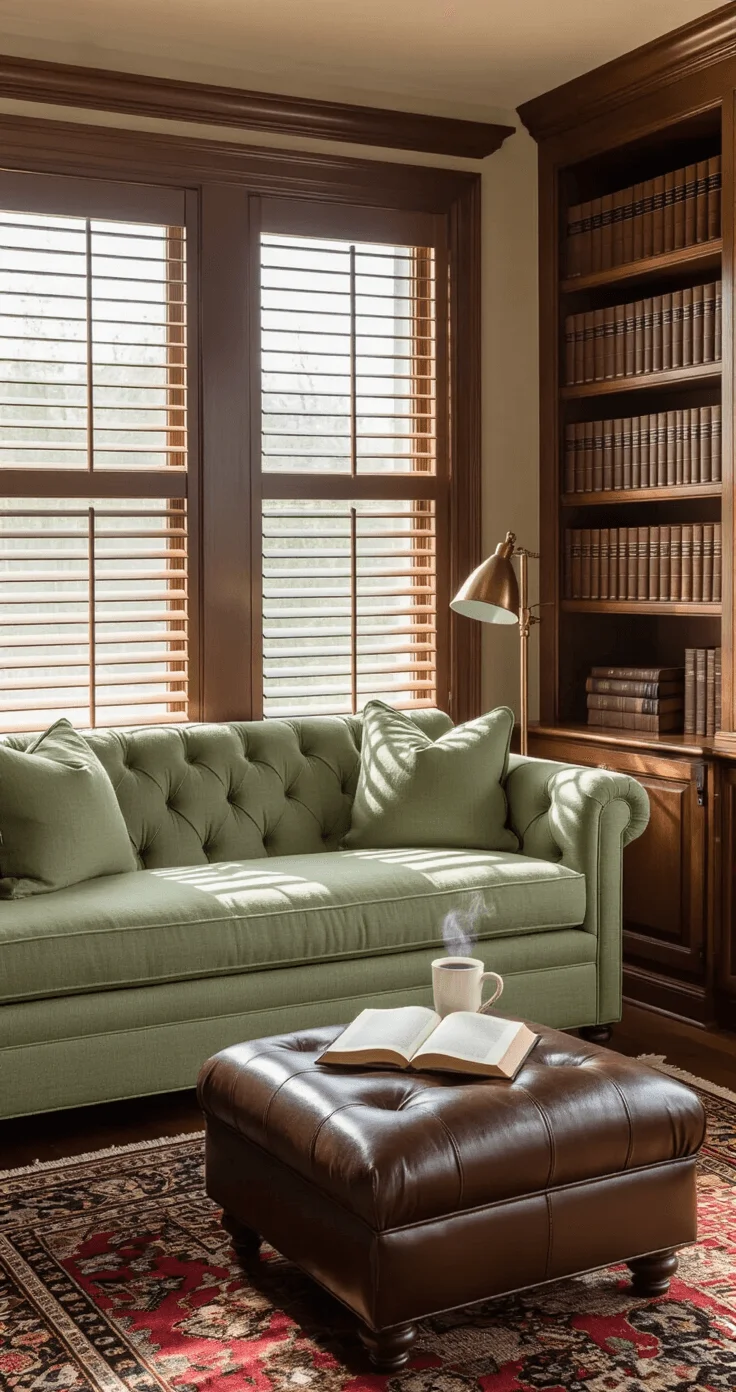 Discovering Your Ideal Snug Sofa: The Comprehensive Roadmap to Luxurious Lounging Cozy reading nook featuring a sage green loveseat with tufted cushions and a vintage leather ottoman, illuminated by late afternoon light through plantation shutters, surrounded by built-in bookshelves and a brass reading lamp, creating a warm and inviting atmosphere.