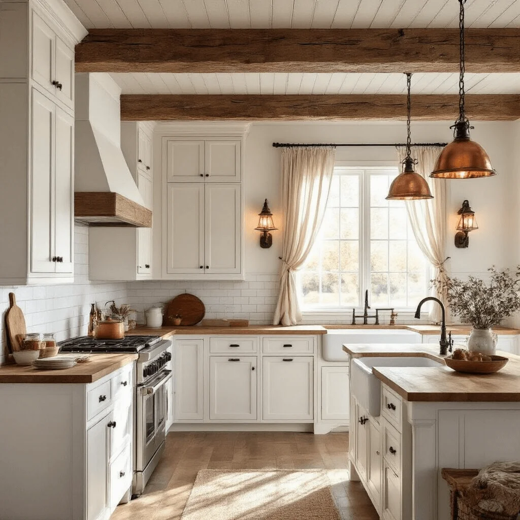 Farmhouse kitchen with exposed oak beams and vintage lighting