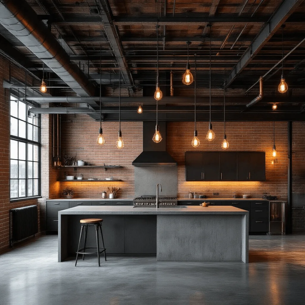 Industrial loft kitchen with exposed ductwork and Edison bulbs