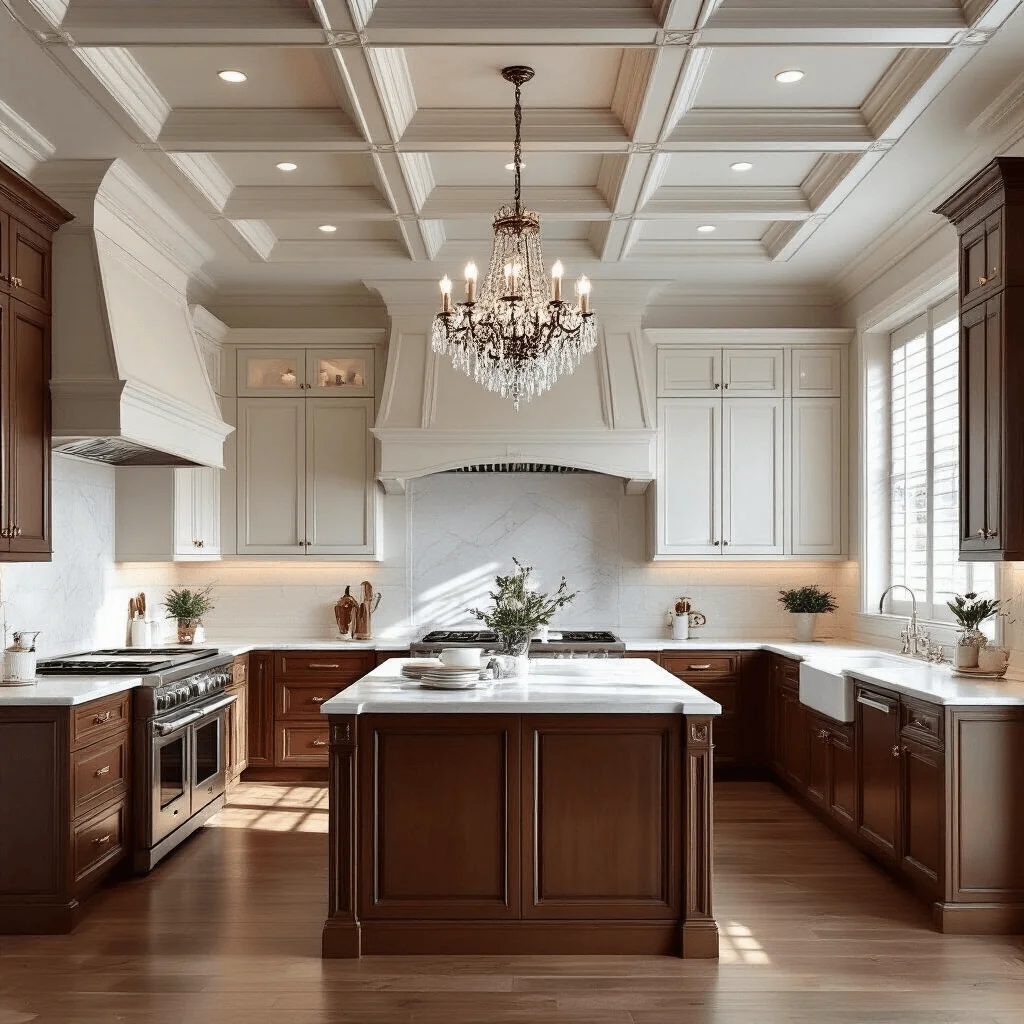 Traditional kitchen with coffered ceiling and crystal chandelier