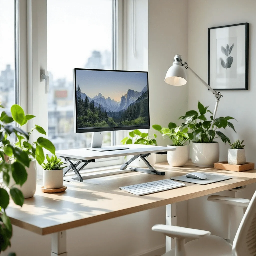 Minimalist white height-adjustable desk with ultrawide monitor and plants
