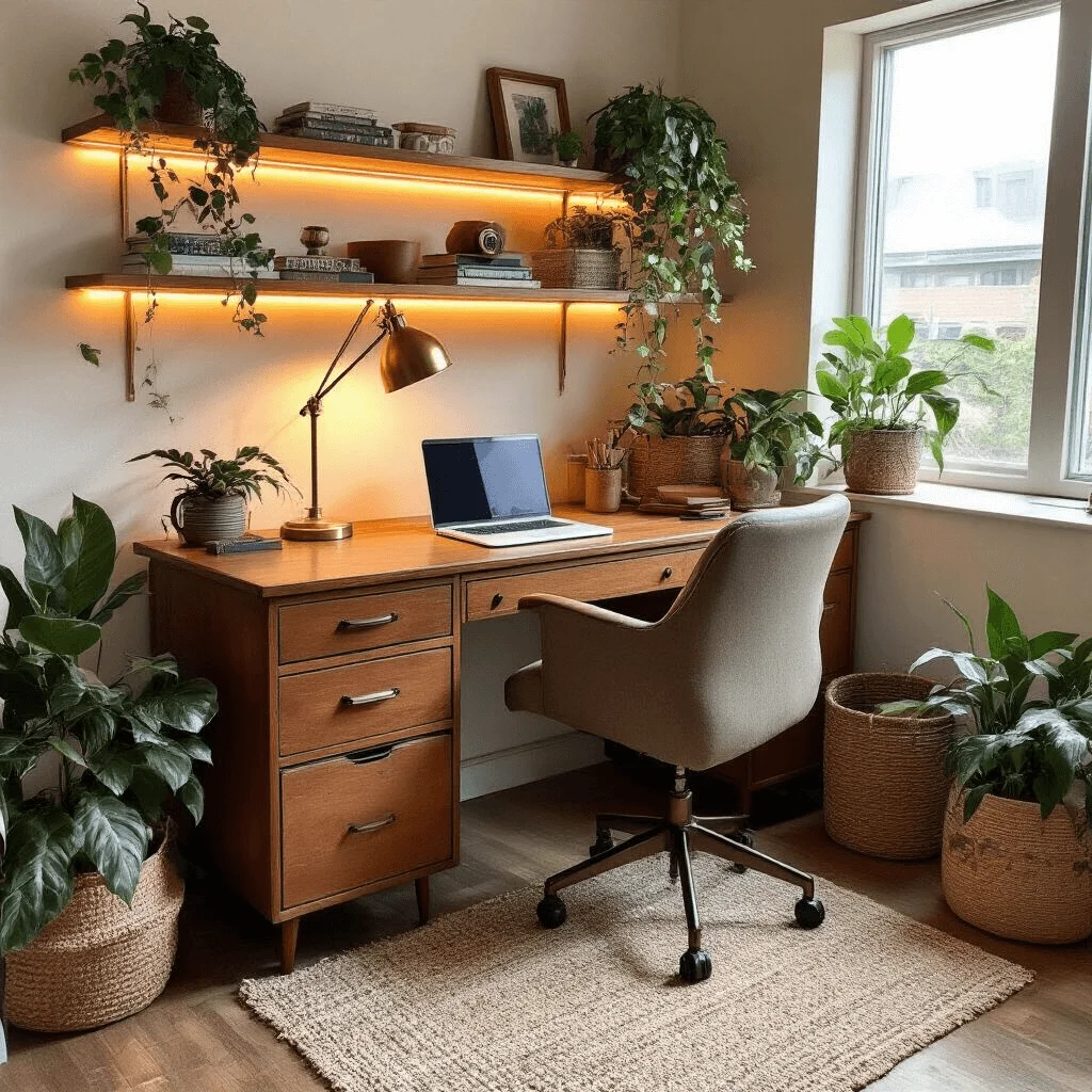Cozy office corner with vintage desk, ergonomic chair, and layered lighting