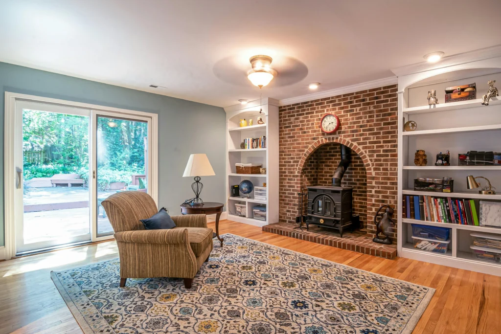 Brick Fireplace with Bookshelves
