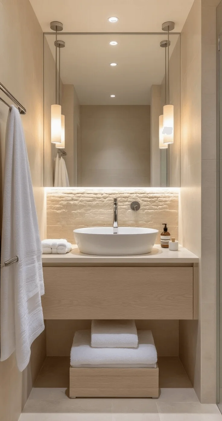 Elegant bathroom with neutral tones during golden hour, featuring warm grays, soft beiges, and creamy whites, complemented by a light oak vanity, white ceramic sink, limestone accent wall, plush white towels on chrome rails, and a large frameless mirror reflecting natural light.