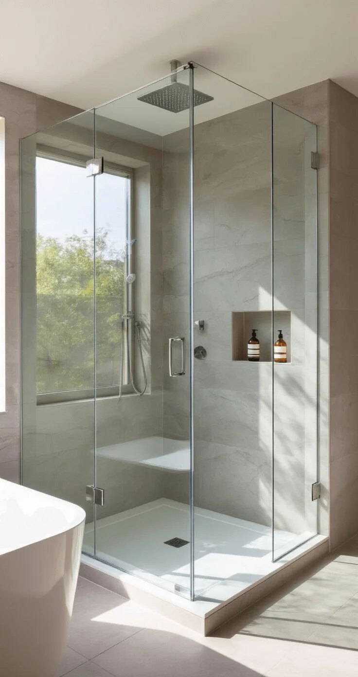 Modern minimalist bathroom showcasing a luxurious glass shower enclosure with natural stone walls, bathed in afternoon sunlight, highlighting clean lines and peaceful design.