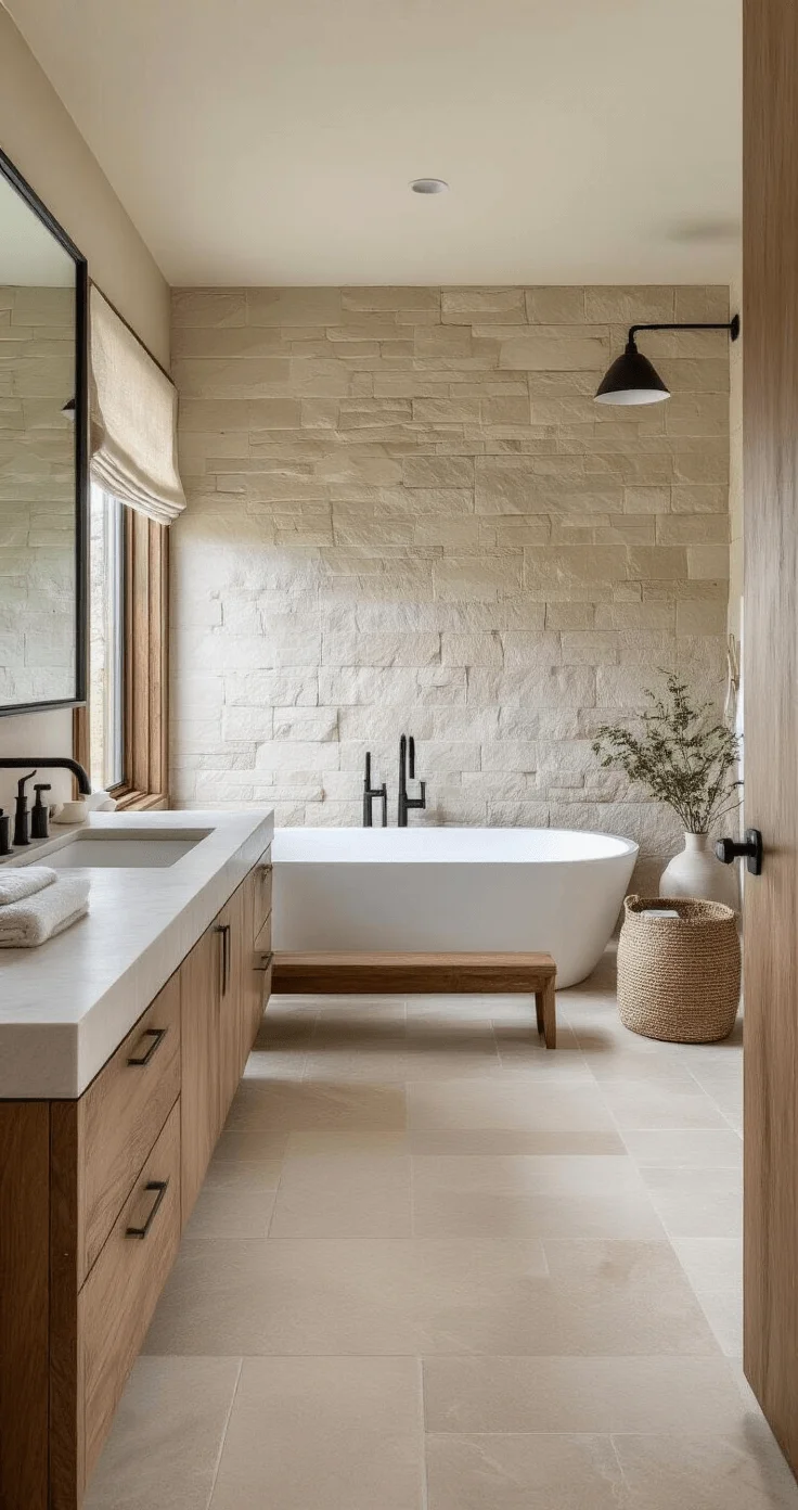 Minimalist bathroom with honed marble countertops, matte black fixtures, warm wooden accents, textured ceramic wall tiles, and a freestanding white bathtub against a natural stone feature wall illuminated by soft daylight.