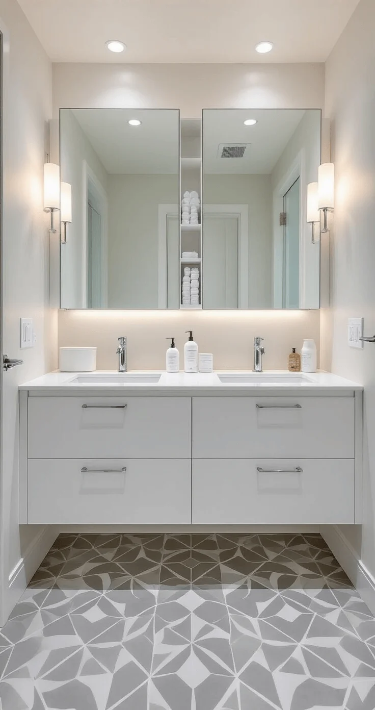 Spacious minimalist bathroom with floating double vanity, quartz countertops, wall-mounted faucets, neatly arranged white toiletries in built-in niches, and soft gray geometric floor tiles illuminated by bright lighting.