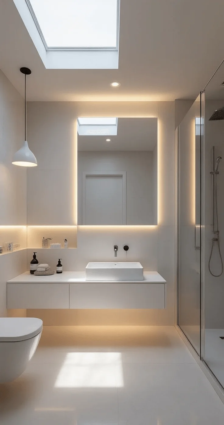 Bright minimalist bathroom featuring a large frameless mirror, recessed LED lighting, a sleek pendant light over a floating vanity, and a skylight above the shower, all in white and light gray tones enhancing the airy feel.