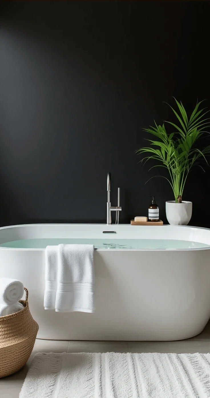 Minimalist bathroom with a striking black accent wall behind a white freestanding tub, featuring curated accessories, a sculptural plant in a white ceramic pot, matching white towels, and a simple soap dispenser under soft lighting.