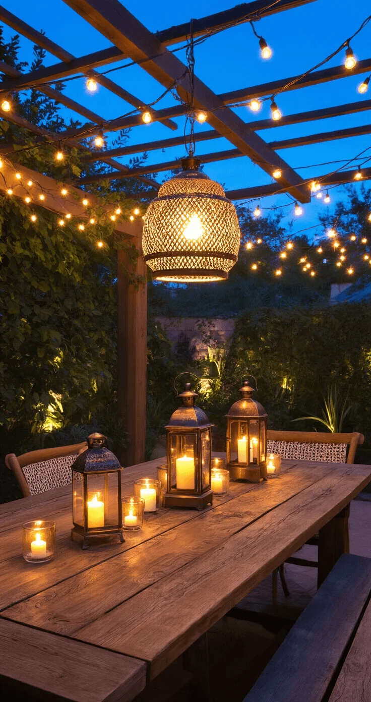 Enchanting Lighting Solutions for Evening Ambiance Twilight cozy patio with string lights, lanterns, candles, and pendant lamp