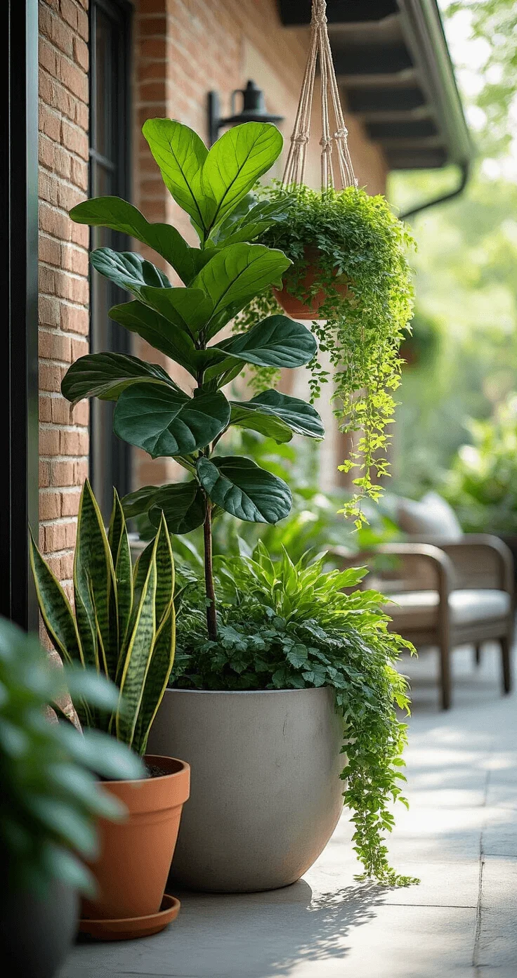 Incorporating Greenery to Elevate Your Outdoor Comfort Lush plant grouping with fiddle leaf fig, pothos, and snake plants in terracotta pots