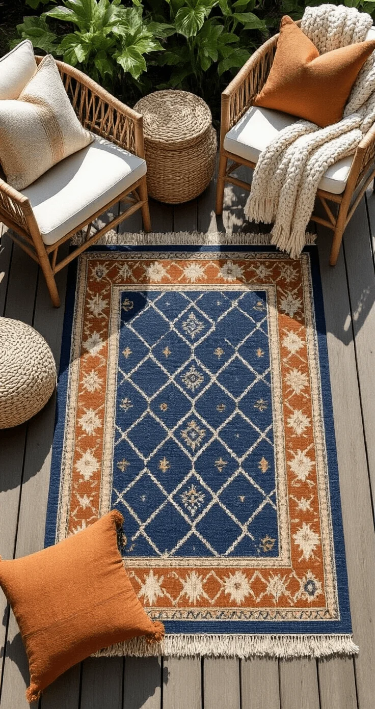 Why Outdoor Rugs and Textures Are Essential Layered outdoor rugs on teak decking with pillows and woven baskets