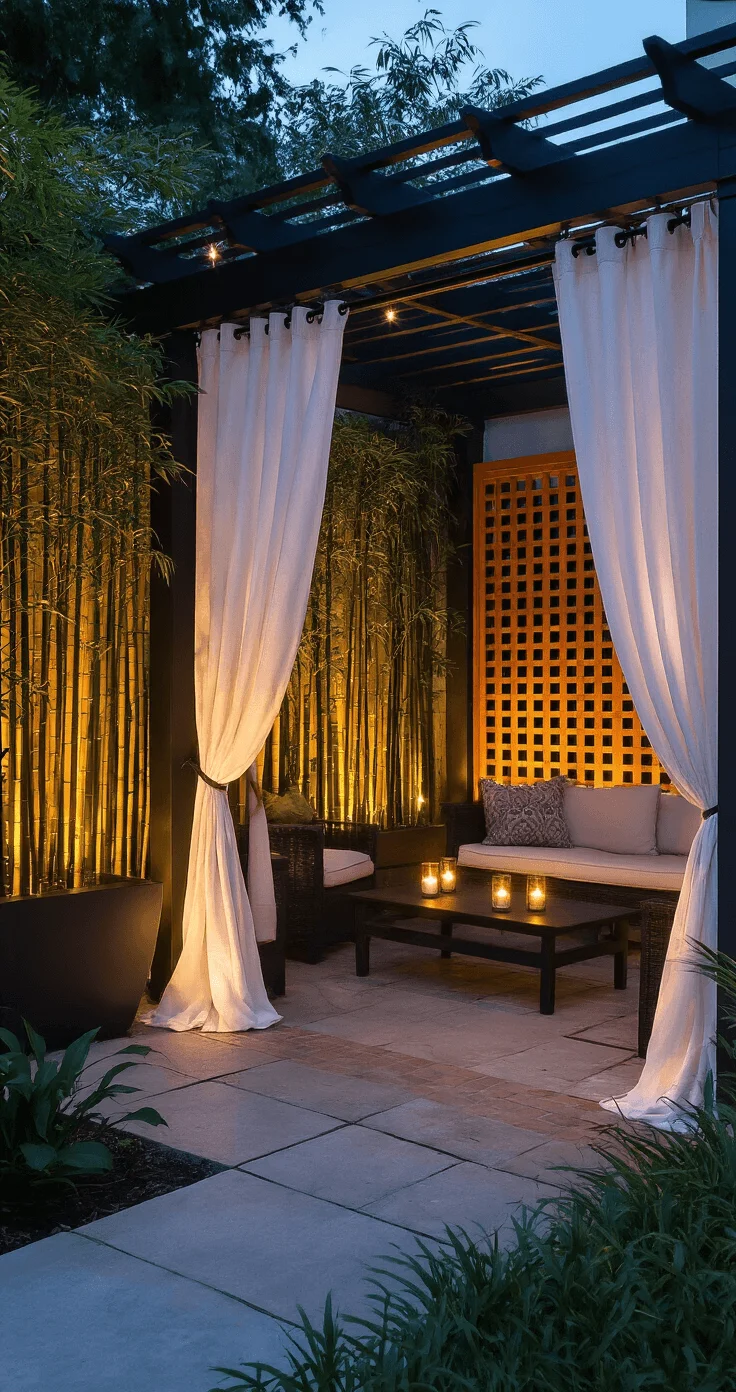 Creating Secluded Outdoor Spaces Without Major Renovations Evening patio with white linen curtains, bamboo plants, cedar lattice, and warm lighting