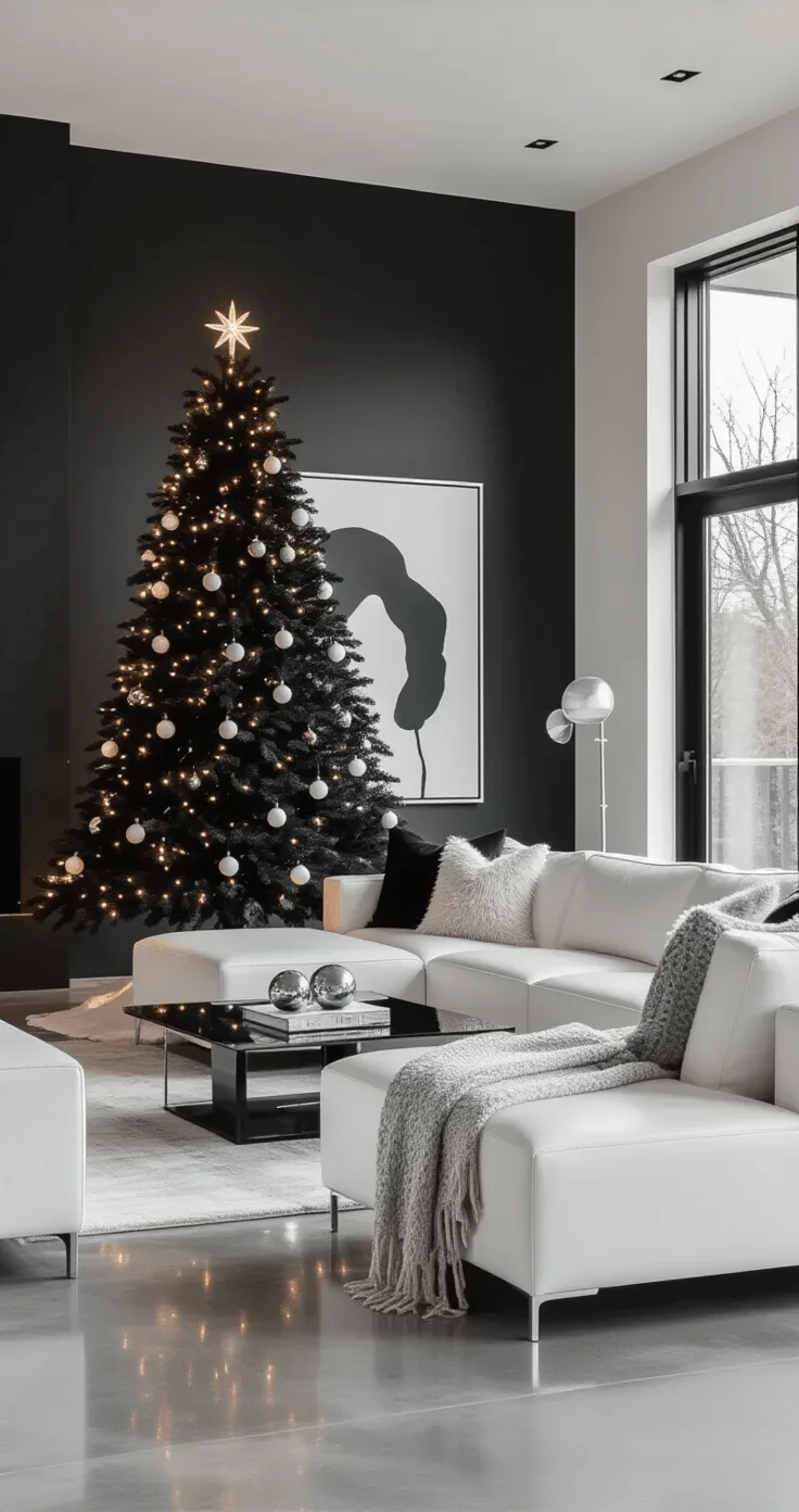 Sophisticated living room corner featuring a 6.5-foot black Christmas tree with white ornaments and LED lights, white leather sectional, glass side table, abstract wall art, polished concrete floors, and charcoal accent wall.