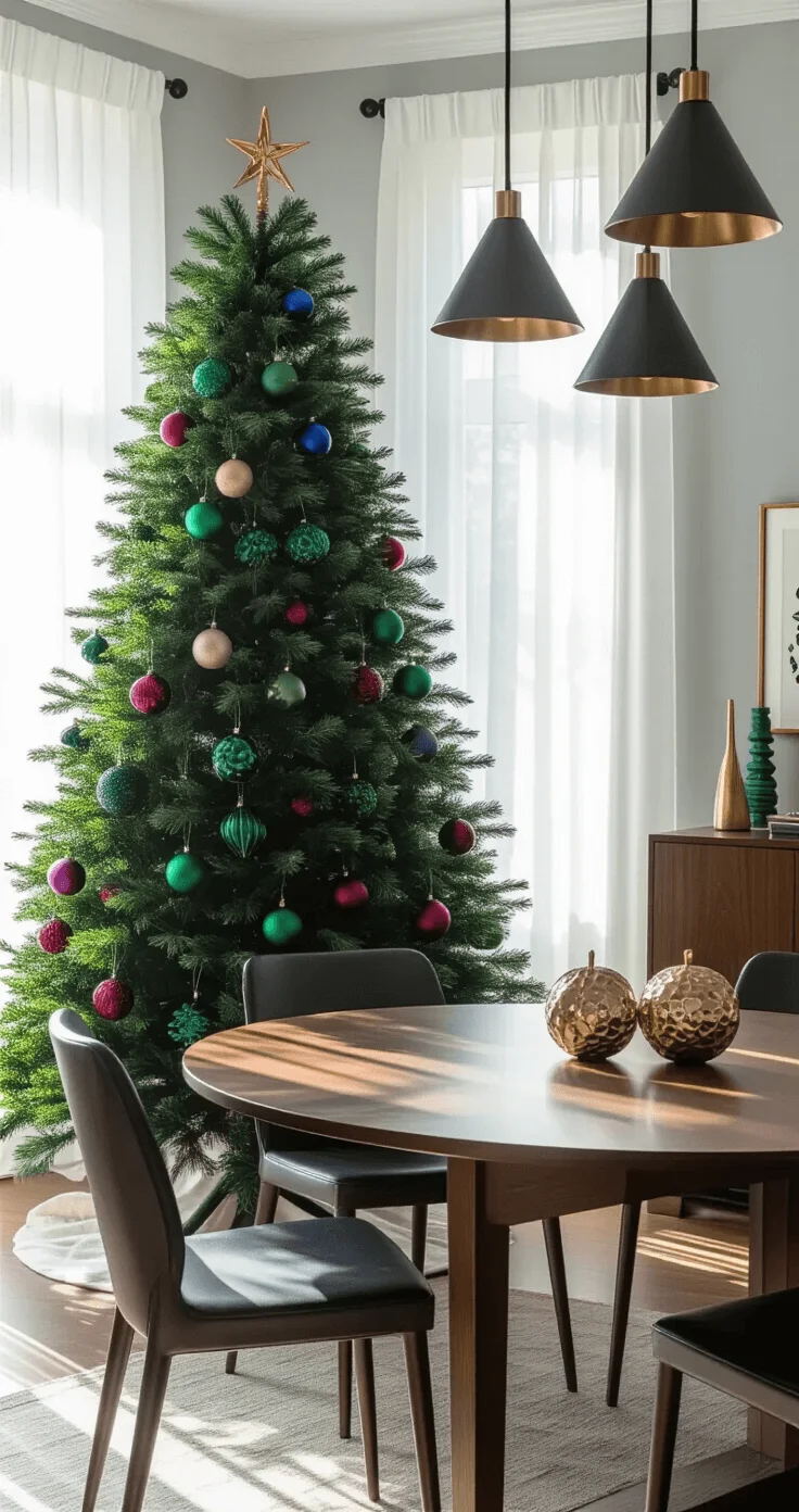 Bright dining room with a slender black Christmas tree decorated with jewel-toned ornaments, morning sunlight filtering through sheer curtains, modern walnut table with brass details, pendant lighting, minimalist sideboard, and soft gray walls.