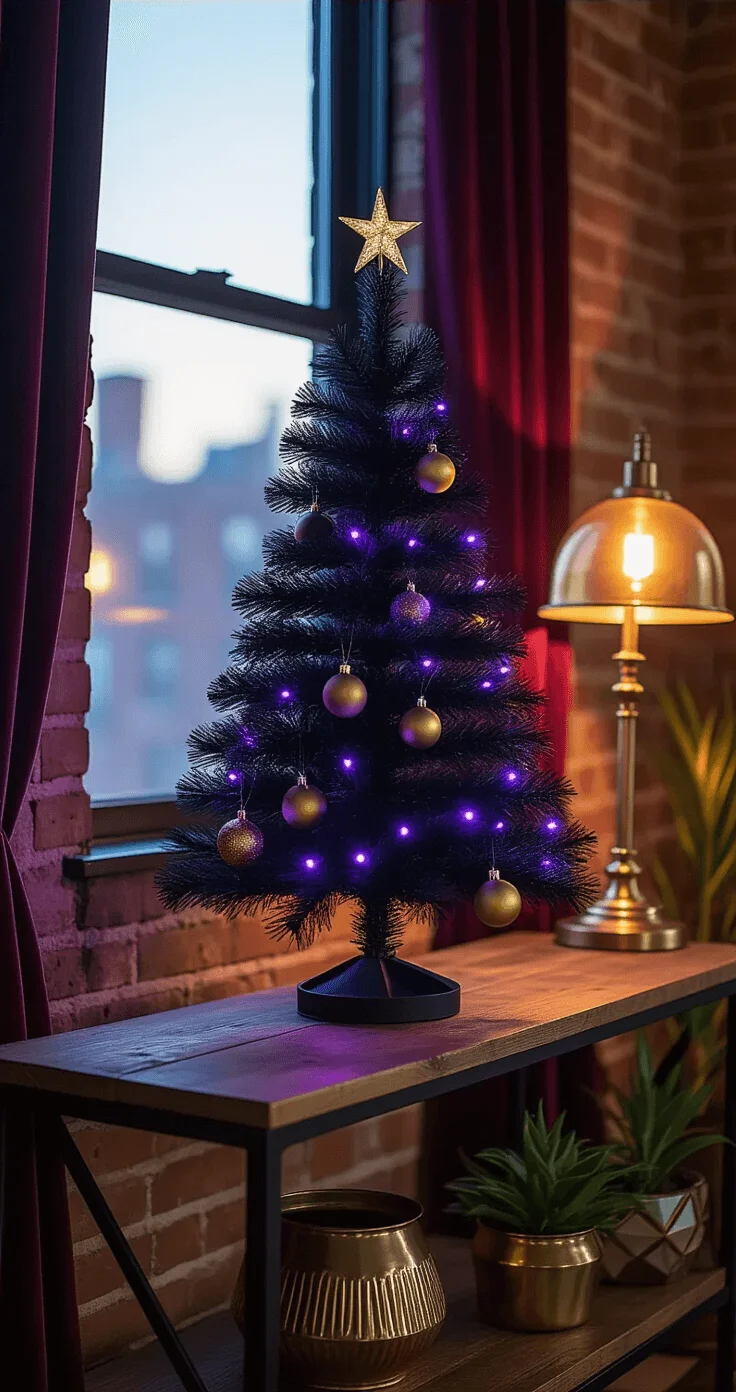 Close-up of a 17-inch black Christmas tree with soft purple LED lights and gold ornaments, set in a cozy apartment featuring exposed brick walls, vintage brass lamp, reclaimed wood console, and burgundy velvet curtains during twilight.