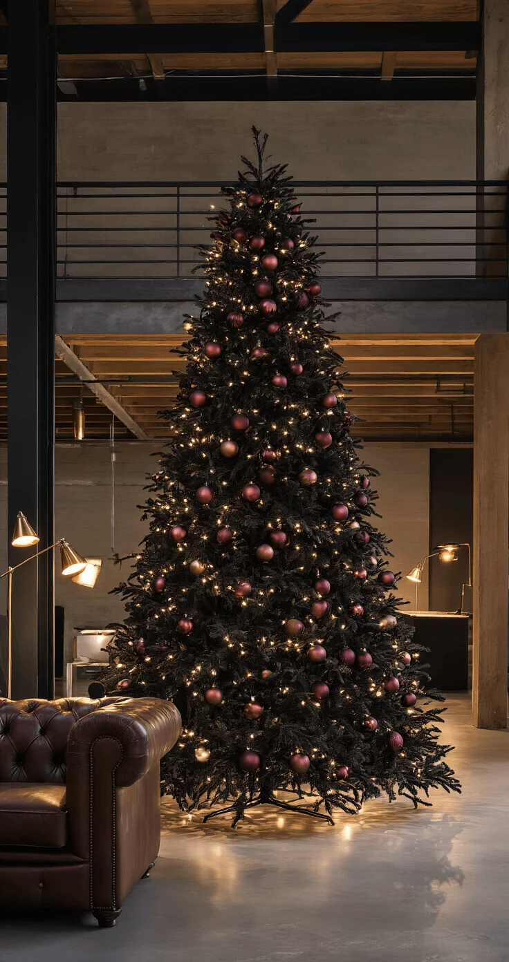 Nighttime scene with a tall black Christmas tree decorated in deep burgundy and bronze ornaments, illuminated by warm white lights in a modern open space with industrial accents, complemented by a cognac leather Chesterfield sofa and brass floor lamps.