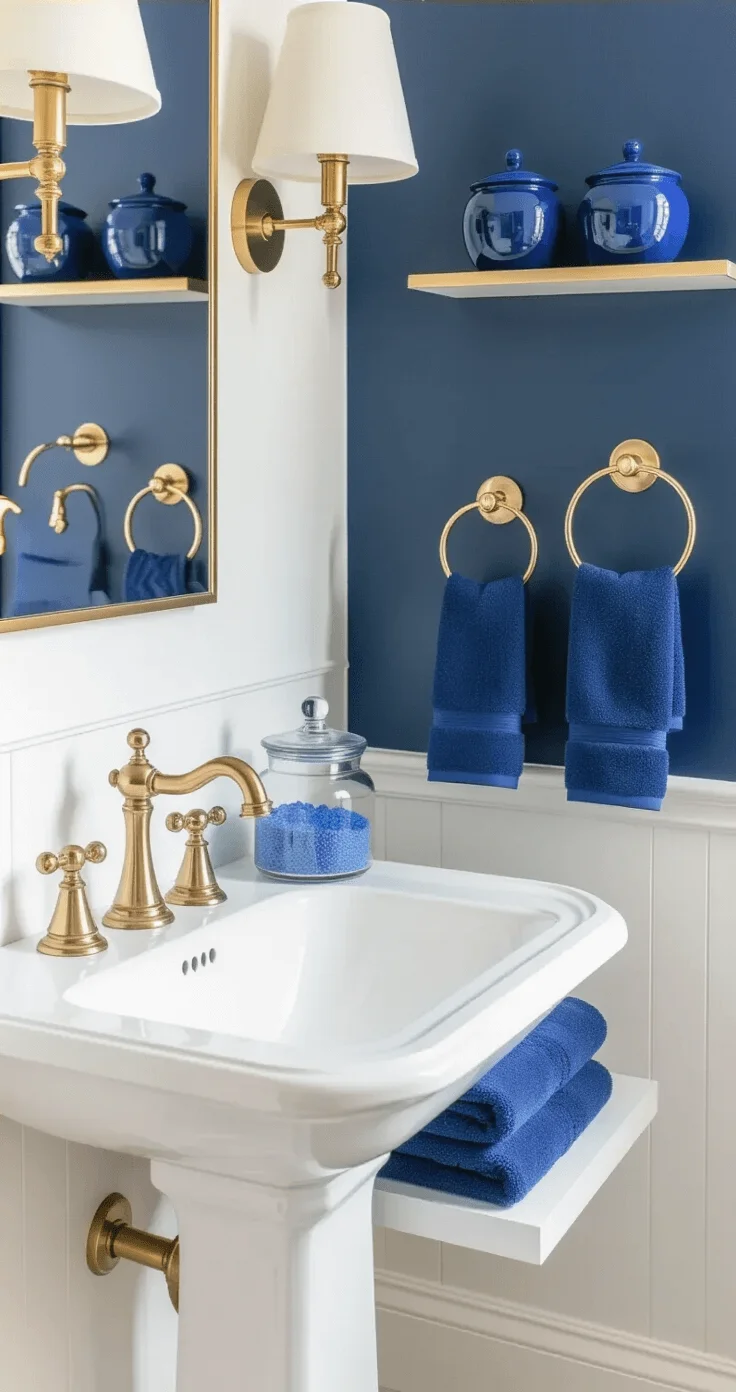 Cozy powder room with navy blue wall, white pedestal sink, gold towel ring, and navy towels, featuring glass jars with blue bath salts and floating shelves with blue ceramics.