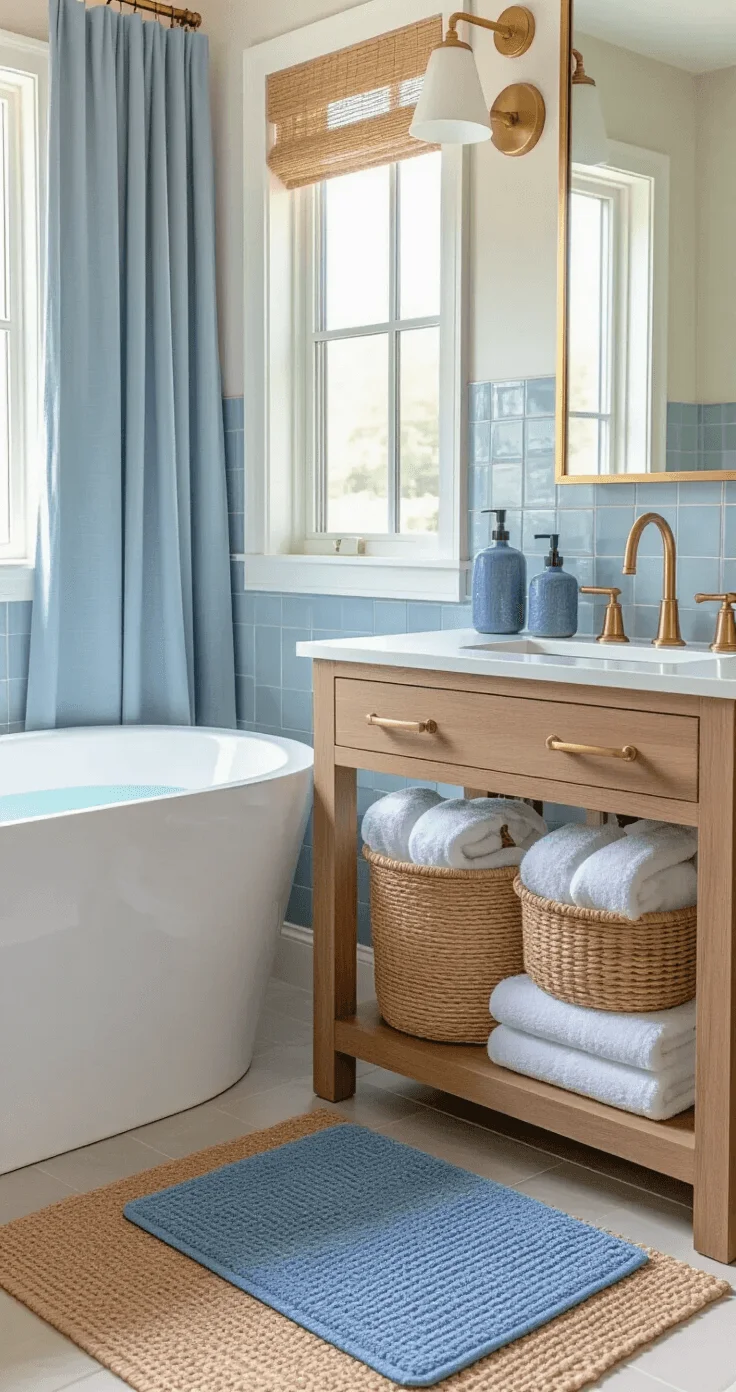 Spacious bathroom with freestanding tub, textured blue bath mat, woven baskets with towels, natural wood vanity, and blue ceramic soap dispensers under bright natural light.