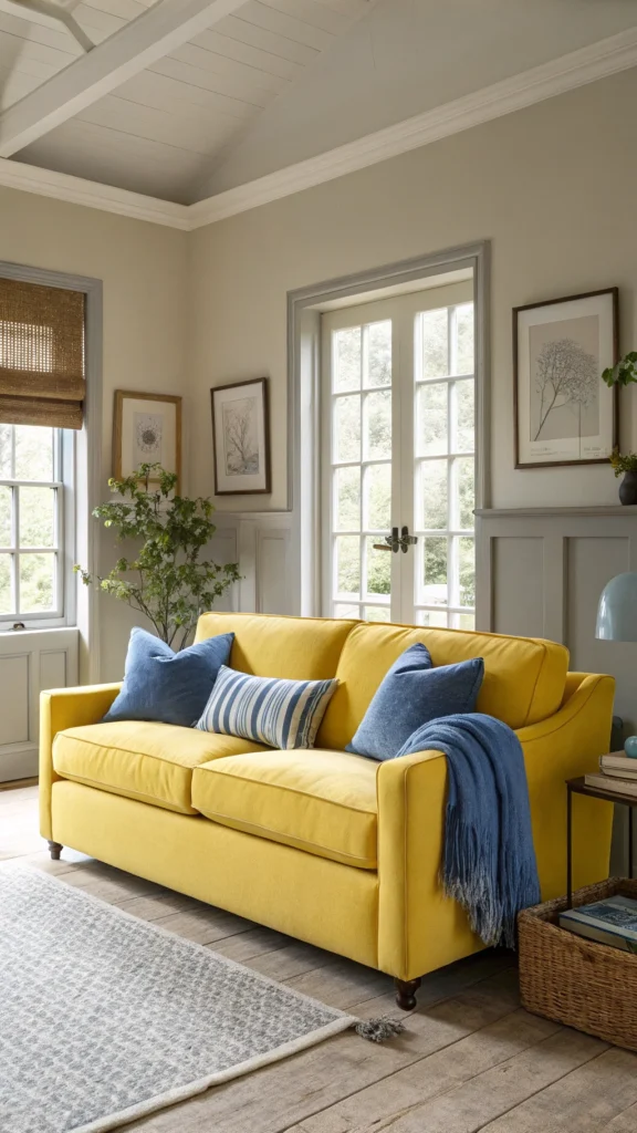 Yellow sofa with blue cushions