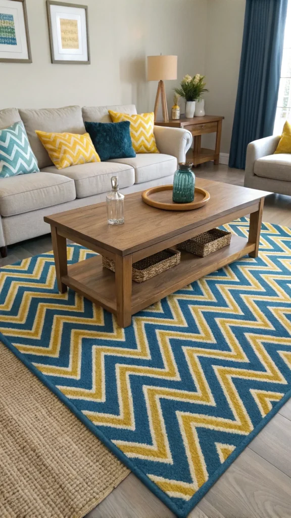 Blue and yellow patterned rug