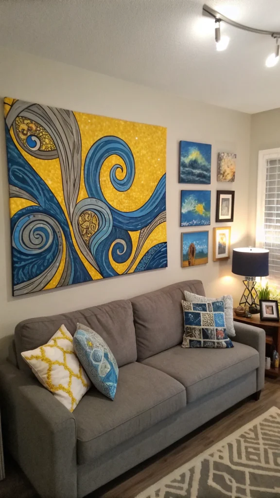 Blue and yellow abstract wall art