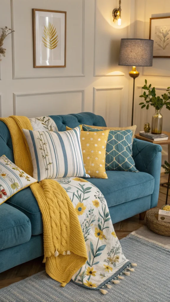 Blue and yellow throw pillows and blankets