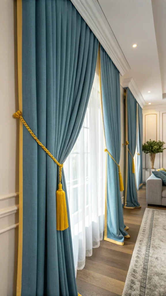 Blue curtains with yellow tiebacks