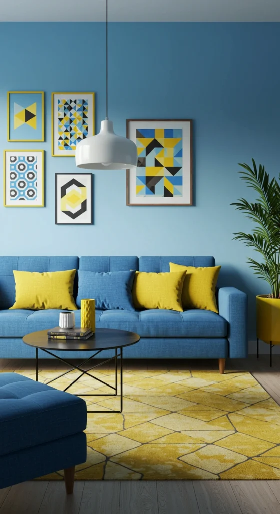Gallery wall with blue and yellow frames