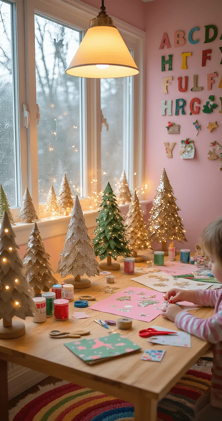DIY Christmas Tree Crafting Children's cozy holiday craft room with DIY Christmas tree projects, warm lighting, colorful supplies, and finished paper trees displayed on a windowsill.