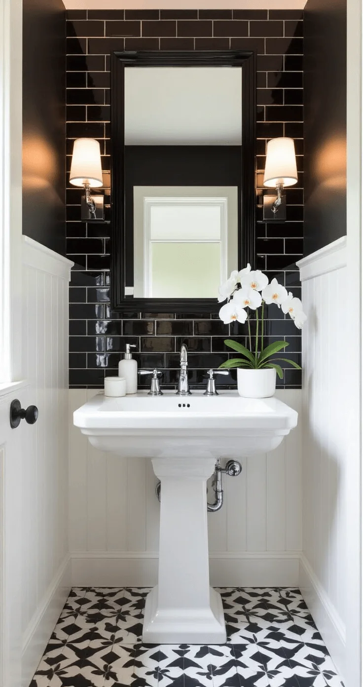 Chic monochrome bathroom with glossy black subway tiles, a white pedestal sink with chrome fittings, geometric black and white penny tile flooring, and a bold black-framed mirror, softly illuminated by LED and warm sconces, creating a refined contrast in a compact area.