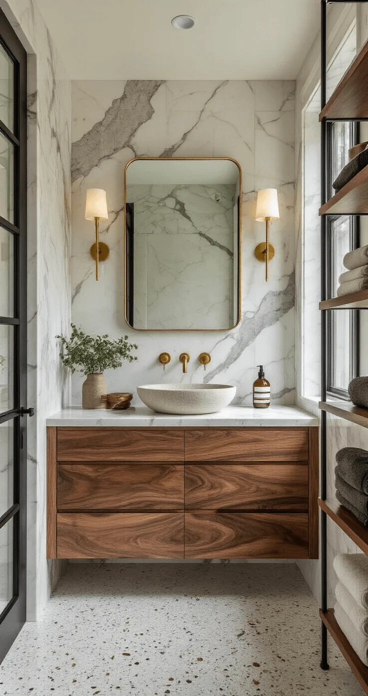 Refined bathroom interior showcasing floor-to-ceiling Calacatta marble, walnut floating vanity, gleaming brass fixtures, and a rustic stone vessel sink, all enveloped in a warm, inviting color scheme with soft directional lighting.