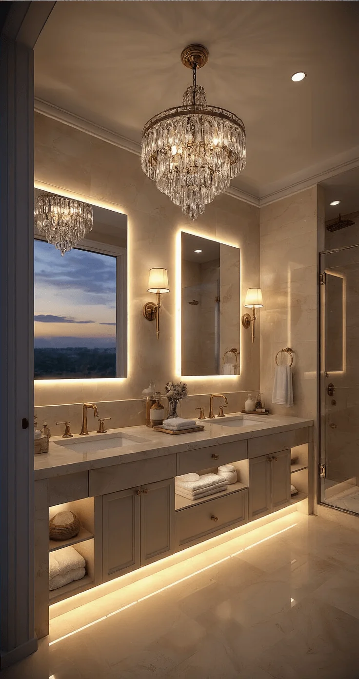 Elegant master bathroom glowing at twilight, featuring a crystal chandelier, marble double vanity with backlit mirrors, warm LED strip lighting, brass sconces, and a glass shower with champagne bronze fixtures, set against cream travertine and white marble accents.
