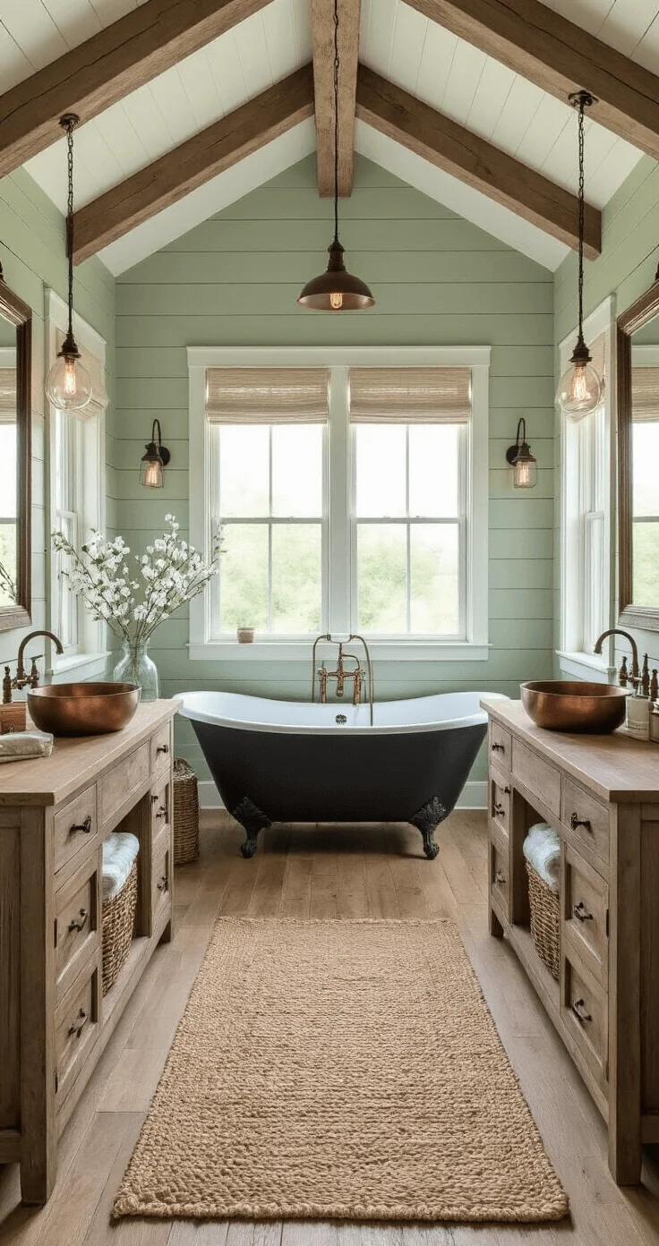 Cozy modern farmhouse bathroom featuring a clawfoot tub on reclaimed oak flooring, sage green shiplap accent wall, and vintage brass fixtures, illuminated by soft evening light.