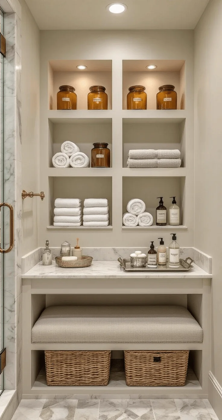 Elegant ensuite bathroom with amber glass apothecary jars, plush Turkish cotton towels, brass fixtures, marble-topped console, and premium skincare products, all bathed in warm morning sunlight.