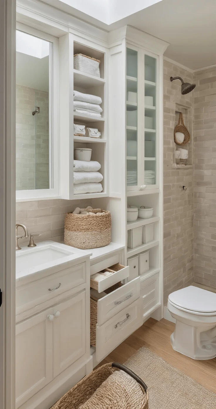Ingenious bathroom storage in a narrow layout featuring custom white oak cabinetry, recessed medicine cabinets, floating vanity with pull-out drawers, vertical tower storage, and organized tiled shower niches, illuminated by natural skylight, with woven baskets and open shelving displaying towels and decor in a warm wood and white palette.