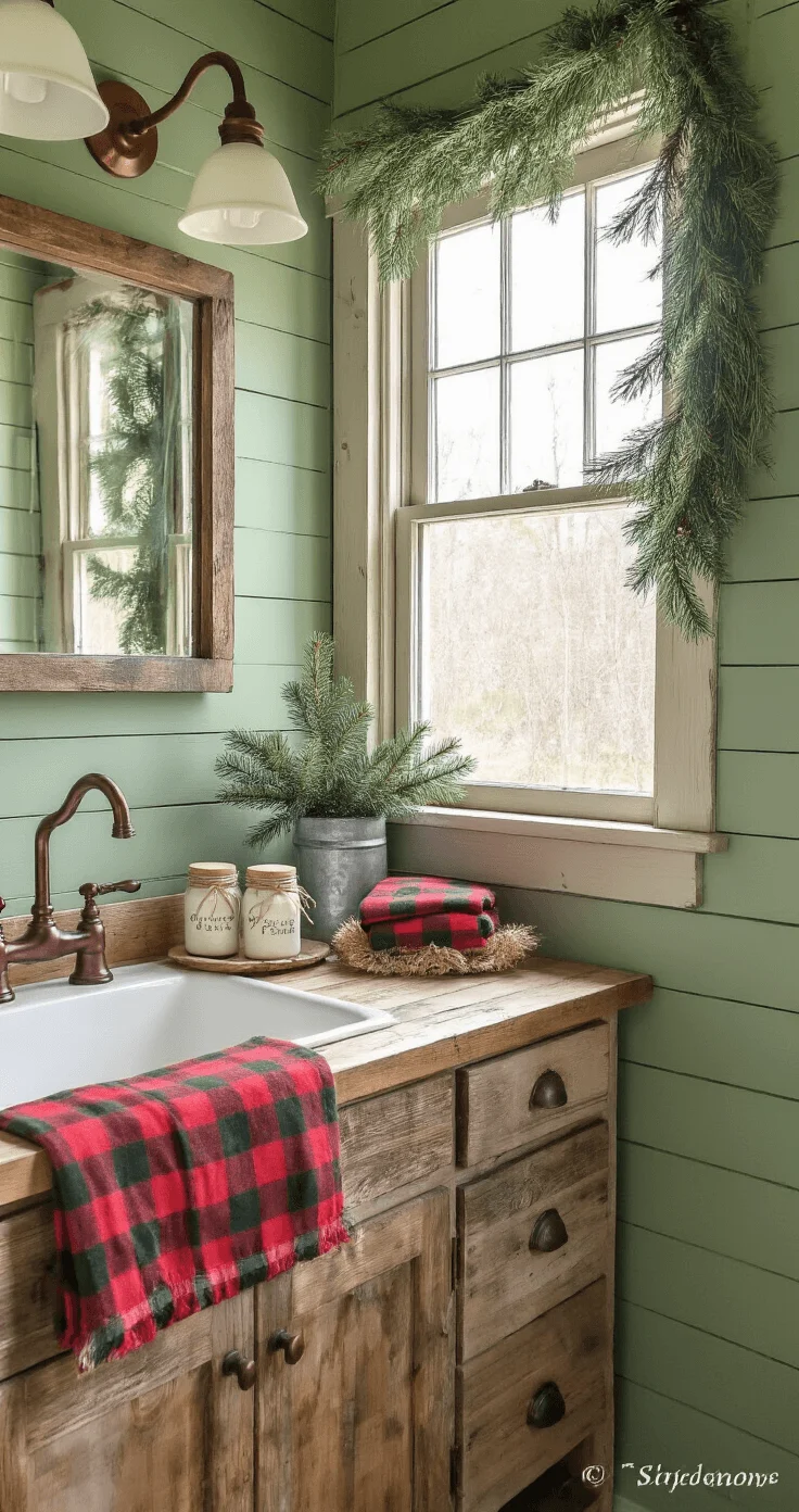 Photography Tips to Showcase Your Design Cozy farmhouse bathroom with sage green shiplap walls, reclaimed wood vanity, and morning sunlight. Red and green buffalo plaid towels, mason jar soap dispensers, burlap-wrapped evergreen centerpiece, copper fixtures, and galvanized metal accents create a warm holiday vibe.