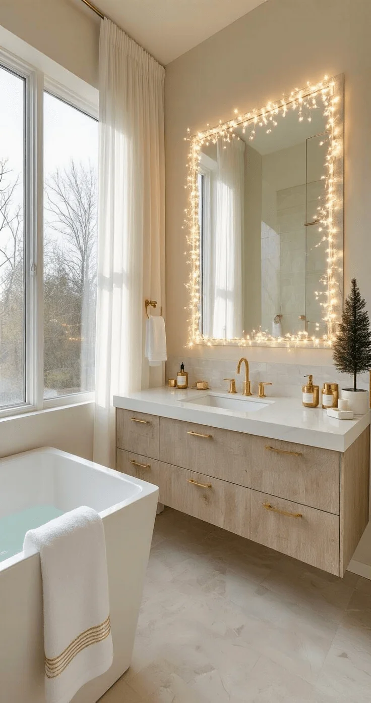 Must-Have Items for Your Christmas Bathroom Refresh Bright modern bathroom with floating oak vanity, sheer curtains, and floor-to-ceiling windows. Cream towels, gold-accented soap dispensers, and champagne candles complement polished quartz surfaces. Battery-operated fairy lights frame a large mirror, while a small Norfolk pine adds a natural touch.