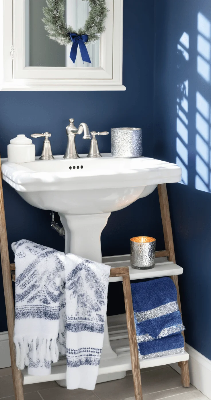 Rapid Decorating Tips for Your Bathroom Compact bathroom with navy accent wall and white pedestal sink, decorated in navy and silver Christmas theme. Metallic towels hang on a vintage ladder rack, a silver wreath with blue ribbon adorns the mirror, and pine-scented candle in mercury glass holder adds warmth.