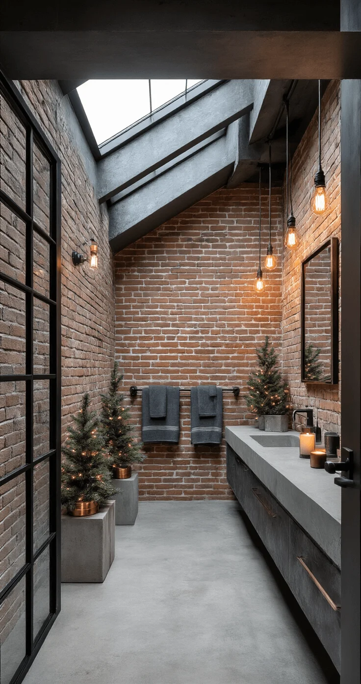 Enchanting Christmas Bathroom Makeover: Elevate Your Space in 60 Minutes Industrial-style bathroom with exposed brick walls and black metal fixtures. Charcoal gray towels with copper accents, metal container candles, and evergreen branches in concrete vases create an urban Christmas vibe. Edison bulb string lights add warmth, complementing concrete countertops and steel-framed mirror.
