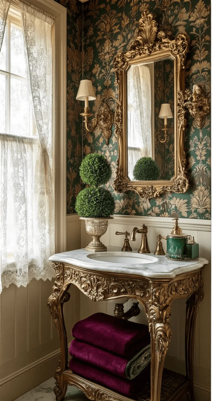 Enchanting Christmas Bathroom Makeover: Elevate Your Space in 60 Minutes Victorian powder room with ornate wallpaper and antique brass fixtures. Deep burgundy velvet towels and emerald accessories complement the vintage glamour. Afternoon light filters through lace curtains, highlighting a crystal soap dispenser, gold-framed mirror, and marble console with a decorative topiary.